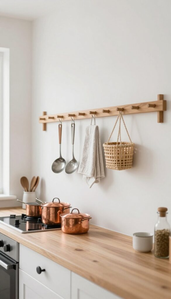 Farmhouse kitchen wall with a wooden peg rail holding copper pots, utensils, kitchen towels, and a small woven basket in bright natural light.