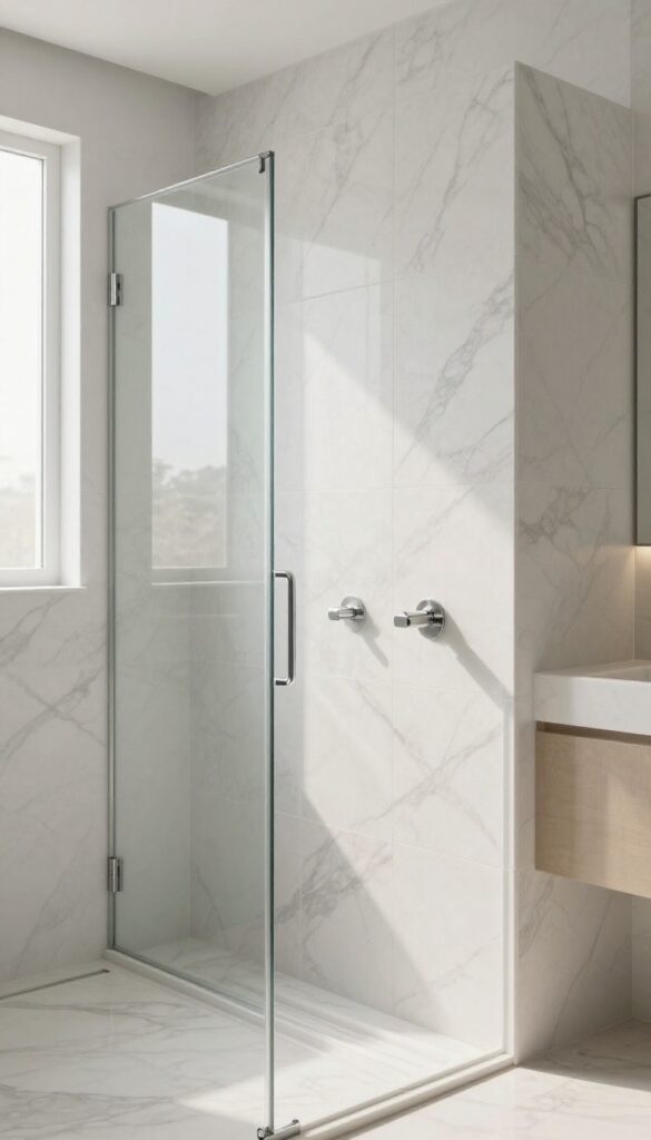 Bright bathroom with a marble-look half wall beside a glass shower, creating a soft luxury spa feel