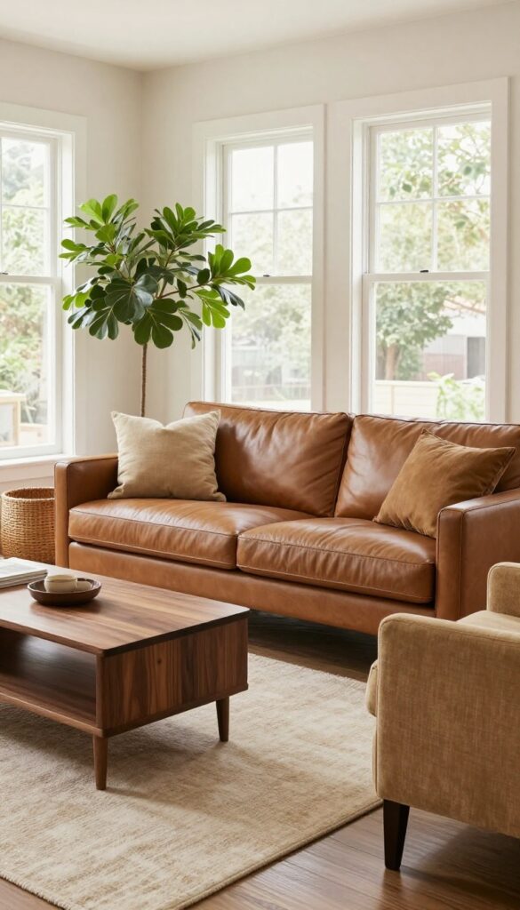 Bright living room with layered brown tones including a camel leather sofa, espresso side table, tan armchair, and light beige rug in natural daylight.