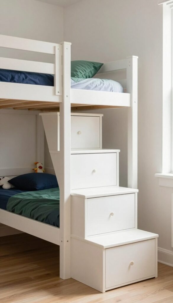Bright boys' bedroom with a wooden bunk bed and built-in storage stairs with drawers under each step
