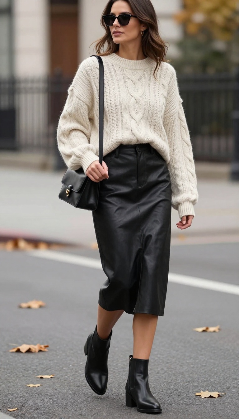 2. Leather Midi Skirt + Chunky Knit Sweater + Ankle Boots