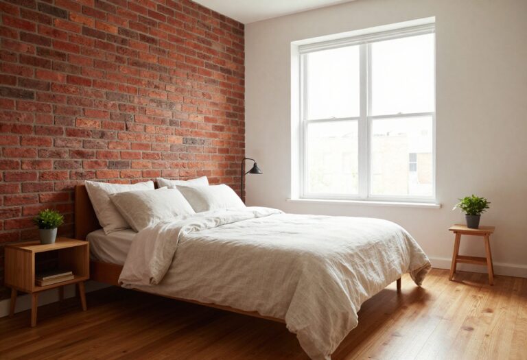 Urban bedroom with exposed brick wall behind a bed with neutral bedding in bright natural light