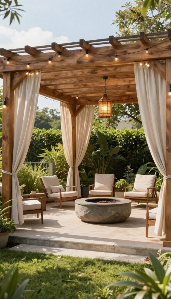 Backyard fire pit centered beneath a wooden pergola with string lights overhead and outdoor curtains, surrounded by lounge seating in bright natural daylight.