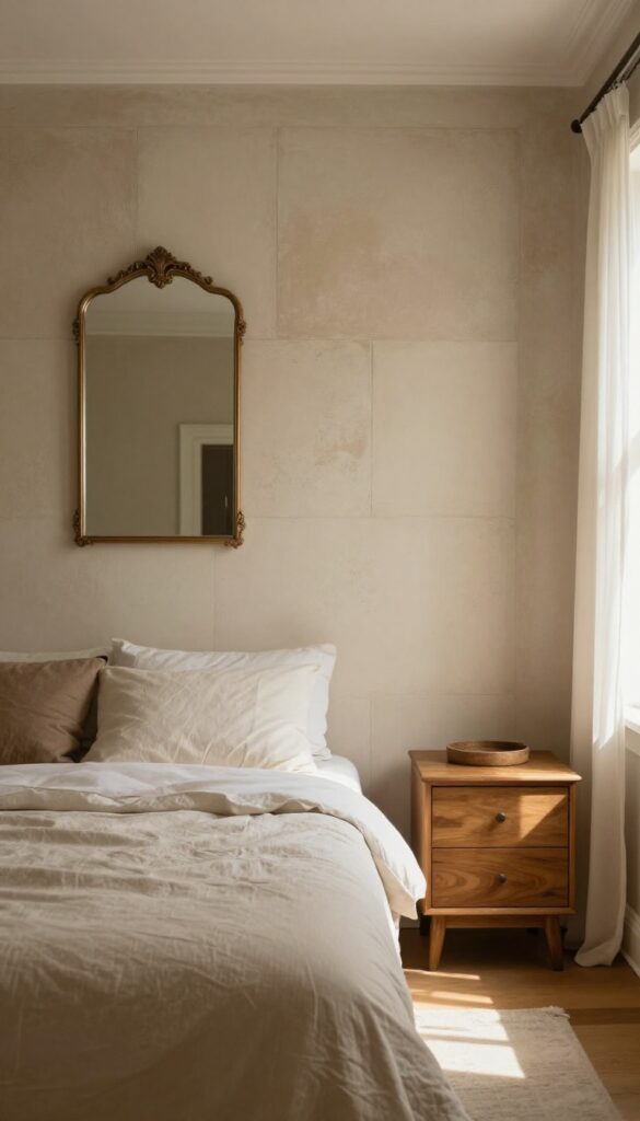 Cozy bedroom with an antique mirror accent wall behind a wooden bed, softly reflecting warm natural light and paired with neutral fabrics and wood furniture.