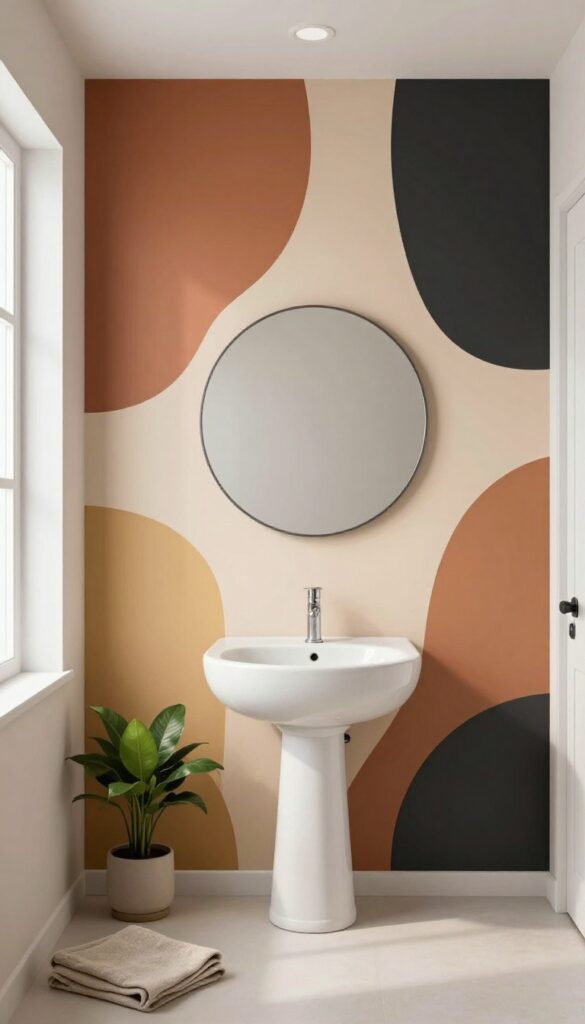 Modern bathroom with a bold abstract color block mural in terracotta, beige, mustard, and black behind a simple white sink, bright natural light, minimal clean styling.