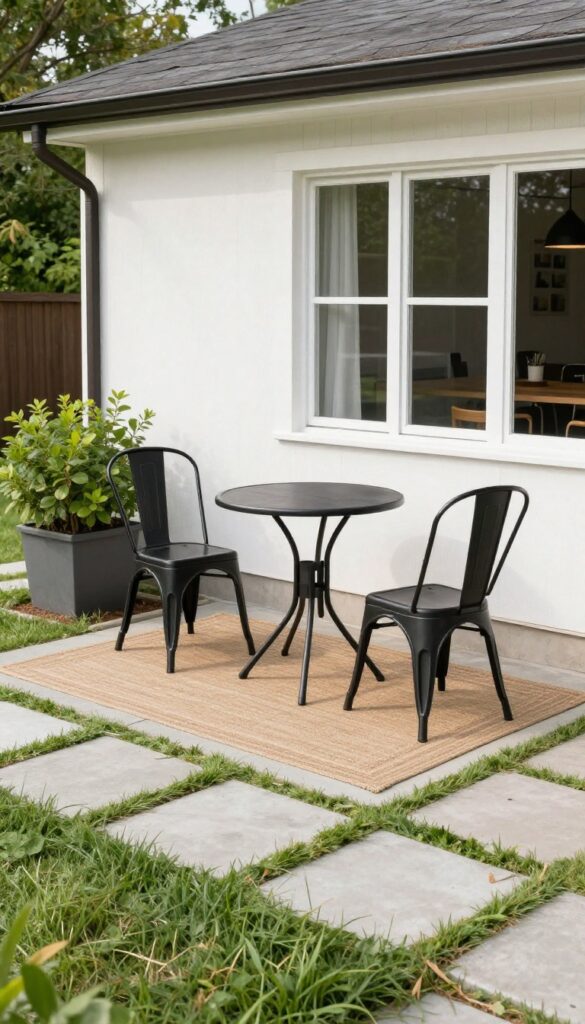 Cozy bistro-style front yard patio with two chairs and a small cafe table on pavers near the entry