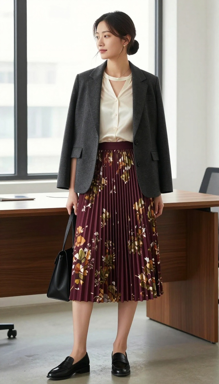 4. Pleated Floral Skirt with a Tucked-in Blouse for Work