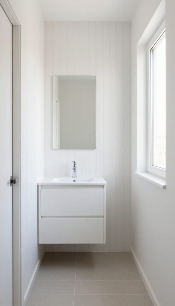 Bright narrow bathroom with floor-to-ceiling vertical white beadboard paneling on the vanity wall, a tall mirror, and simple neutral fixtures that make the space feel taller.