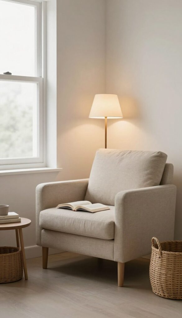 A cozy bedroom corner with a neutral upholstered accent chair, warm floor lamp, and small side table with a basket of books, lit by bright natural light.