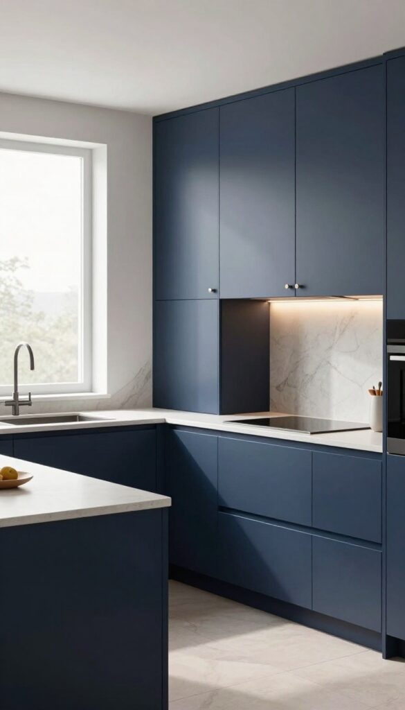 Modern kitchen with deep blue cabinets, matte grey appliances, light countertops, and under-cabinet lighting in bright natural daylight