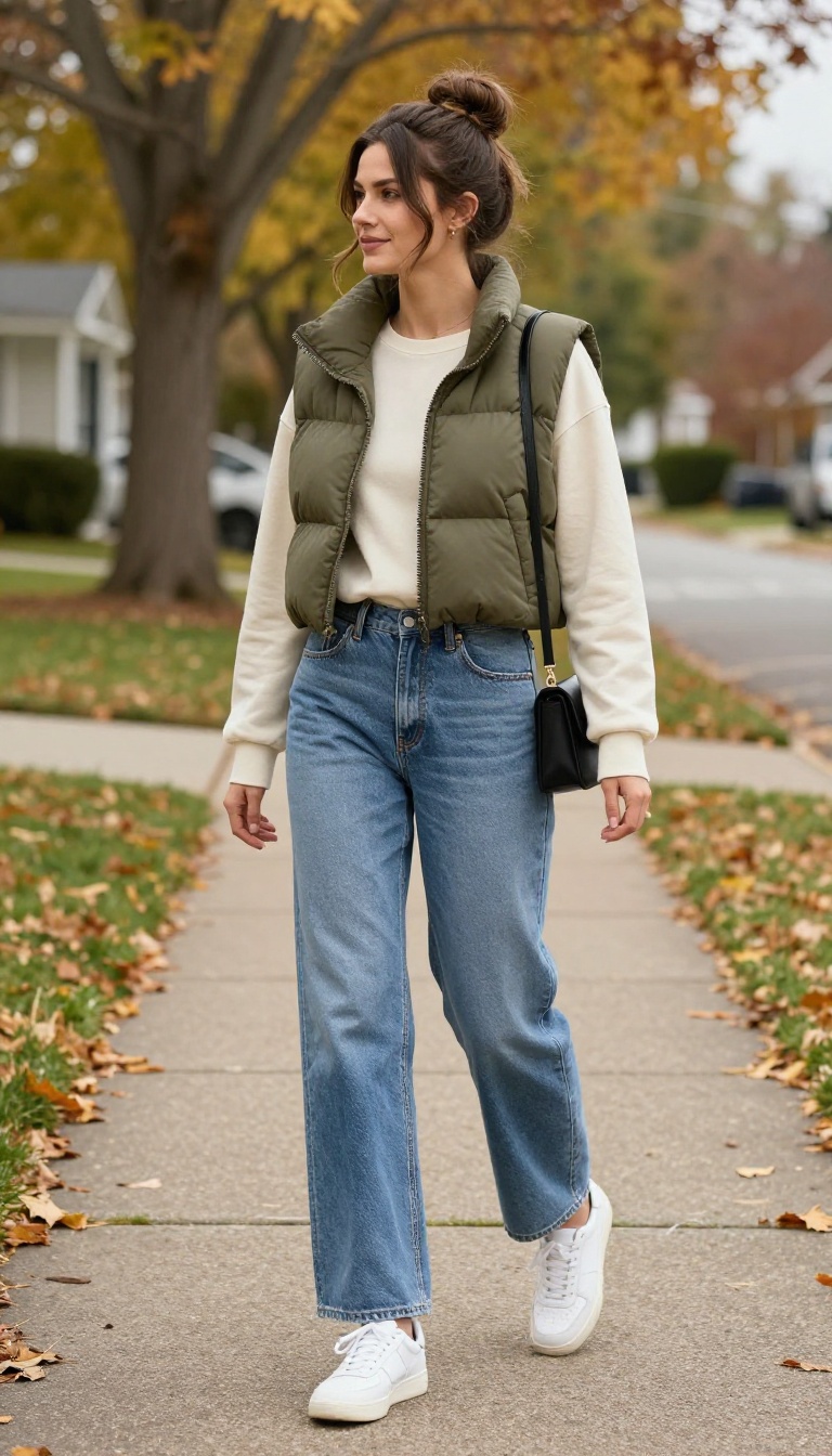 12. Puffer Vest and Wide-Leg Jeans