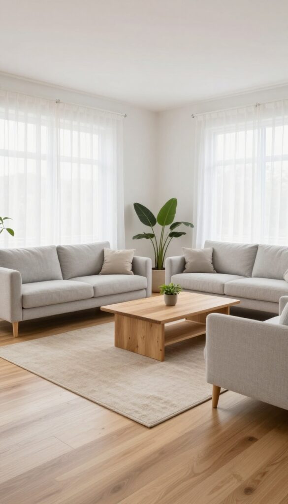 Bright airy living room with light hardwood floors, a single neutral low-pile rug, and furniture with visible legs letting floor space stay open