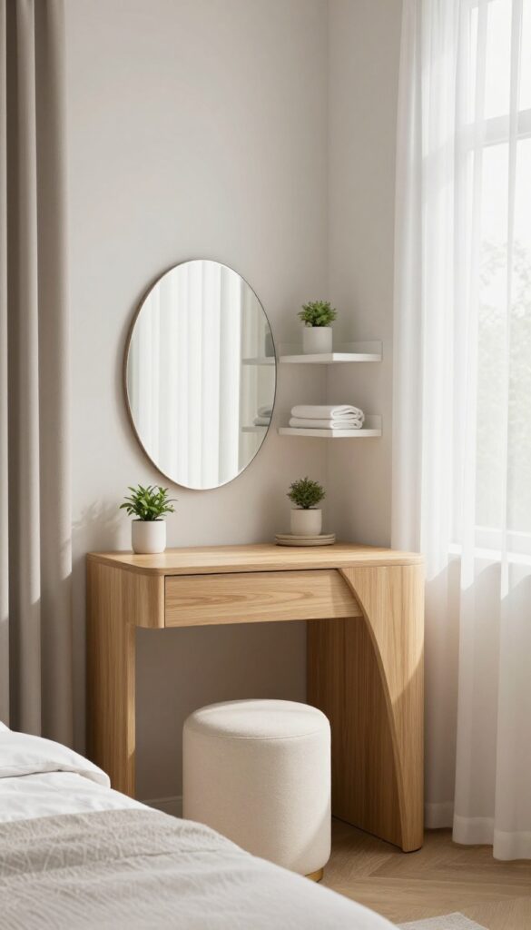 Bright modern bedroom corner with a light wood triangular vanity table, curved mirror, floating shelves, and a compact cream stool in natural daylight