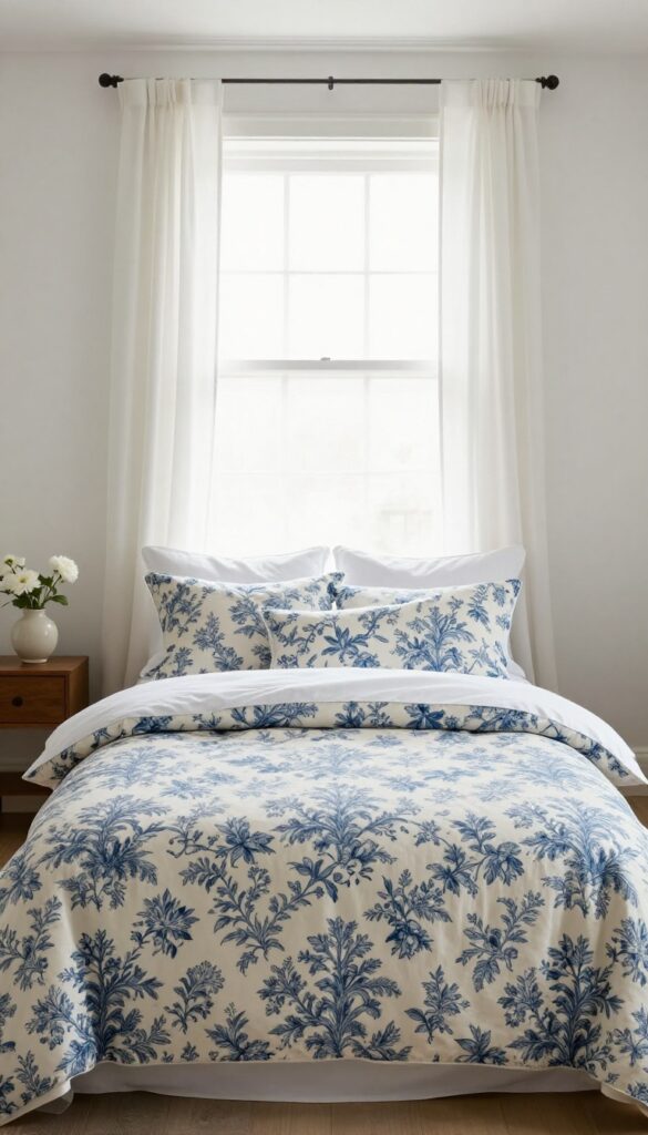 Cozy vintage bedroom with blue toile floral bedding on a neatly made bed, crisp white sheets, a structured accent pillow, and soft natural light through plain white curtains