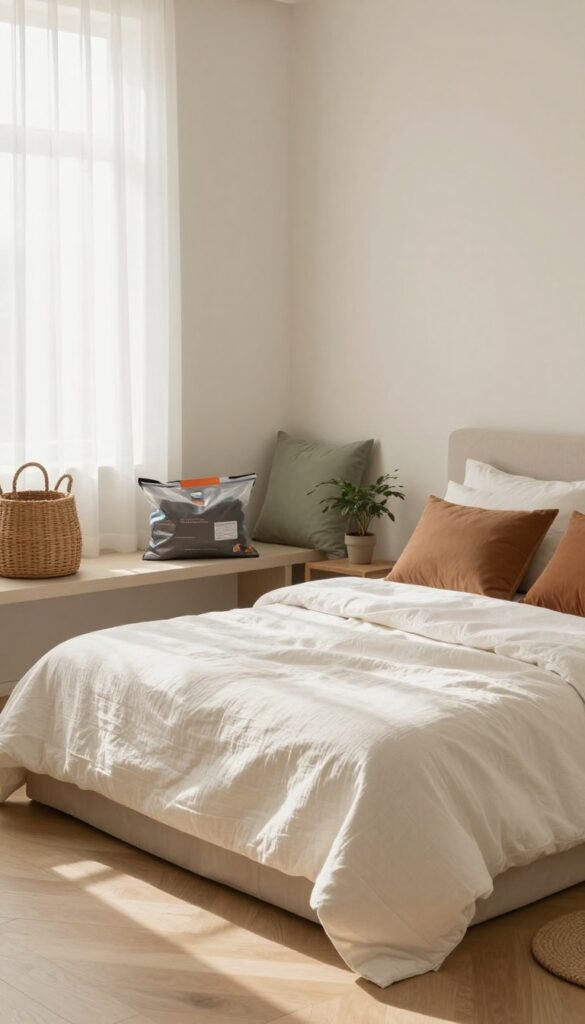 Bright bedroom with seasonal linen bedding in sage and terracotta tones, natural light, and a storage bag ready for rotating off-season bedding.