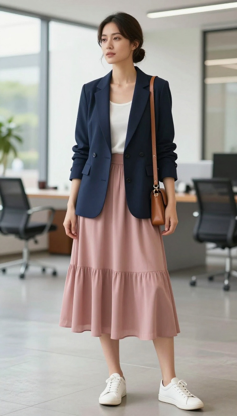 13. Tiered Skirt with a Blazer and Sneakers