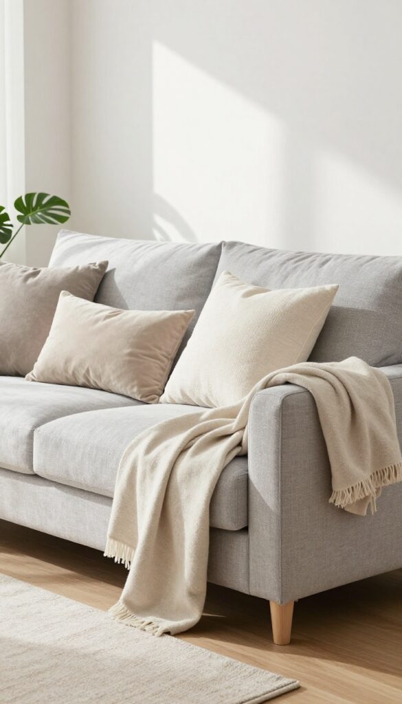A bright living room with a light gray Kivik sofa styled with layered neutral pillows and a casually draped throw blanket over one arm, creating a cozy corner.
