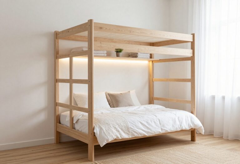 Bright small bedroom with a built-in wooden double deck bed, under-bunk LED lighting, and recessed storage shelves blending into the wall