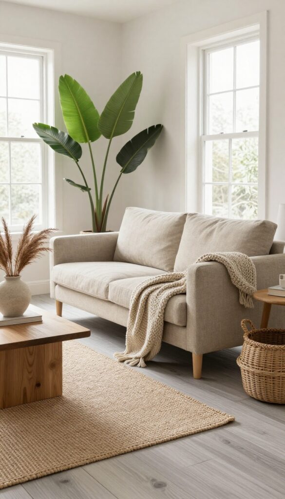 Cozy living room with light grey wood floors warmed by a large houseplant in a woven basket, jute rug, stone vase with dried branches, and soft neutral textiles in bright natural light