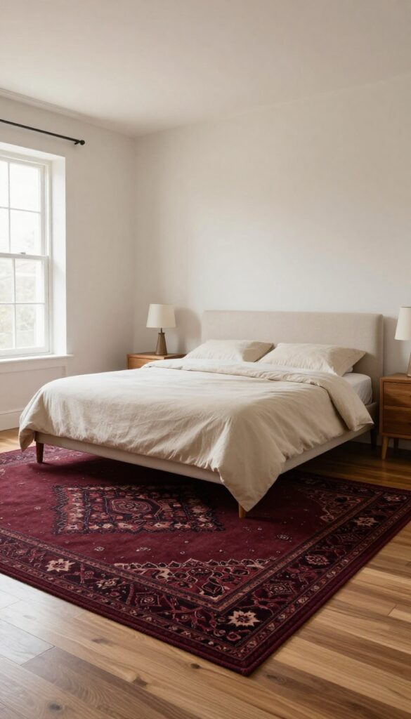 A bright bedroom with a large patterned maroon area rug under a bed with neutral bedding, wooden nightstands, and hardwood floors.