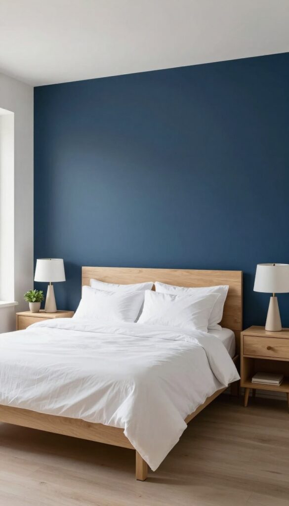 A bright bedroom with a deep navy blue accent wall behind a bed with white bedding and light wood nightstands, styled with neutral decor and natural light.