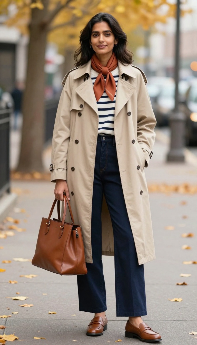 7. Trench Coat + Striped Sweater + Wide-Leg Trousers