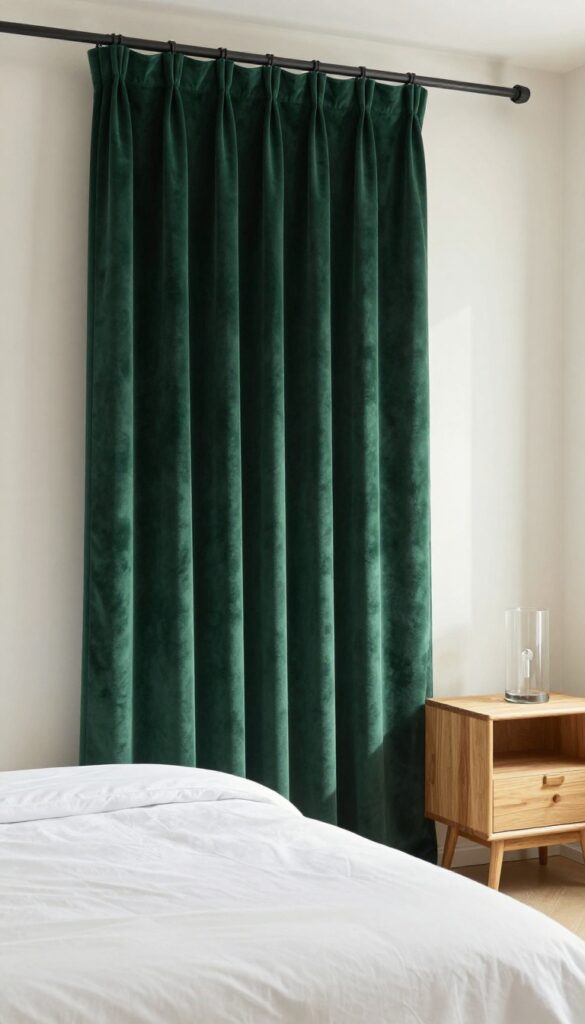 Bedroom with floor-length emerald green velvet curtains, simple white bedding, light wood nightstand, and a glass lamp in bright natural light