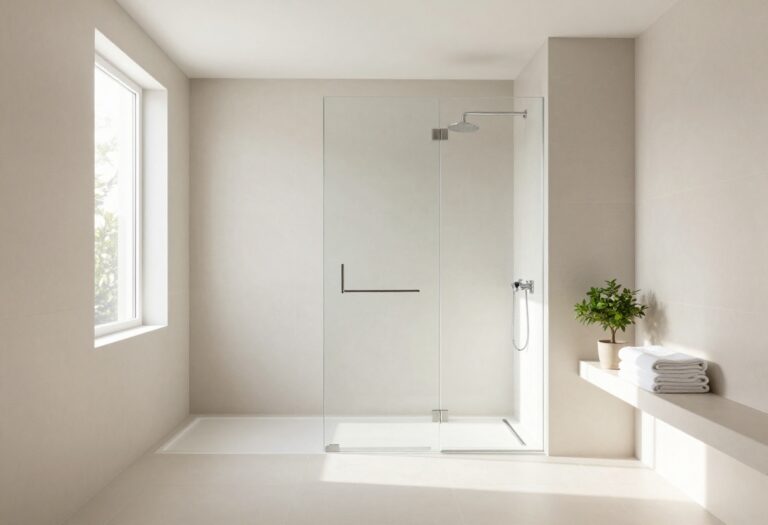 Bright modern bathroom with a frameless glass stand-up shower that makes the space feel open and airy