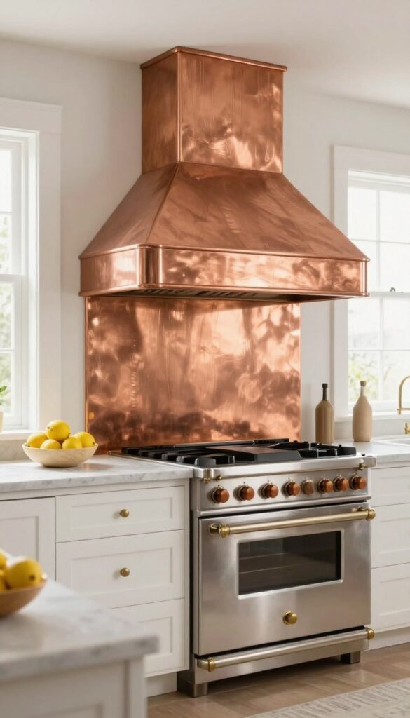 Bright kitchen with a brushed copper range hood above a stainless steel stove, white cabinets, brass hardware, and natural light.