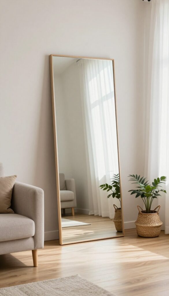 Oversized floor mirror leaning against a bright living room wall, reflecting a sunlit window with a small plant and basket at its base.