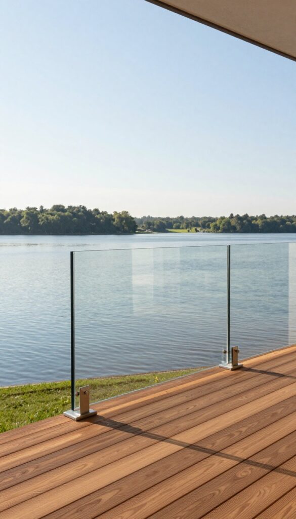 Frameless glass panel railing on a sunny wooden deck overlooking a calm lake, with clear glass preserving an uninterrupted view of the water and distant trees.