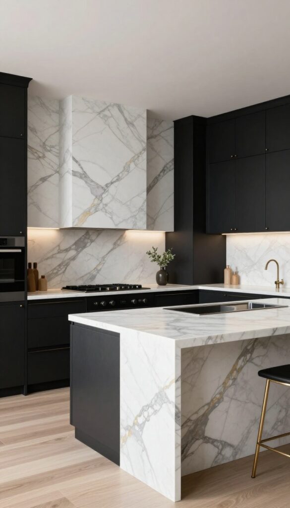 Luxurious black kitchen with matte black cabinets, dramatic white marble countertops with bold veining, and a full-height marble backsplash in bright natural light