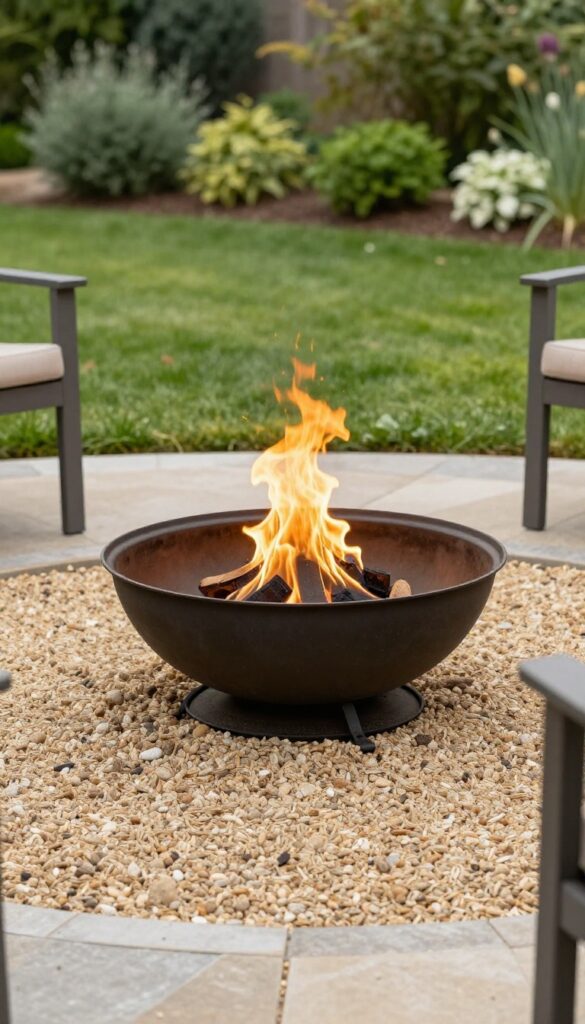Portable metal fire bowl glowing on a circular gravel patio base in a small backyard at dusk, surrounded by chairs and greenery.