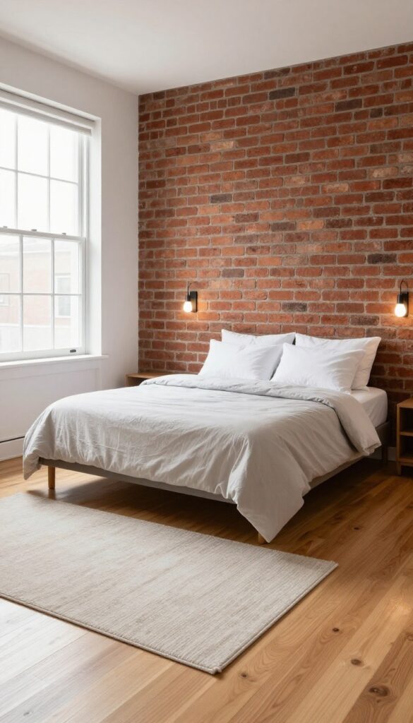 Urban bedroom with an exposed brick wall acting as a statement headboard behind a centered bed with neutral bedding and wall-mounted lights in bright natural light.