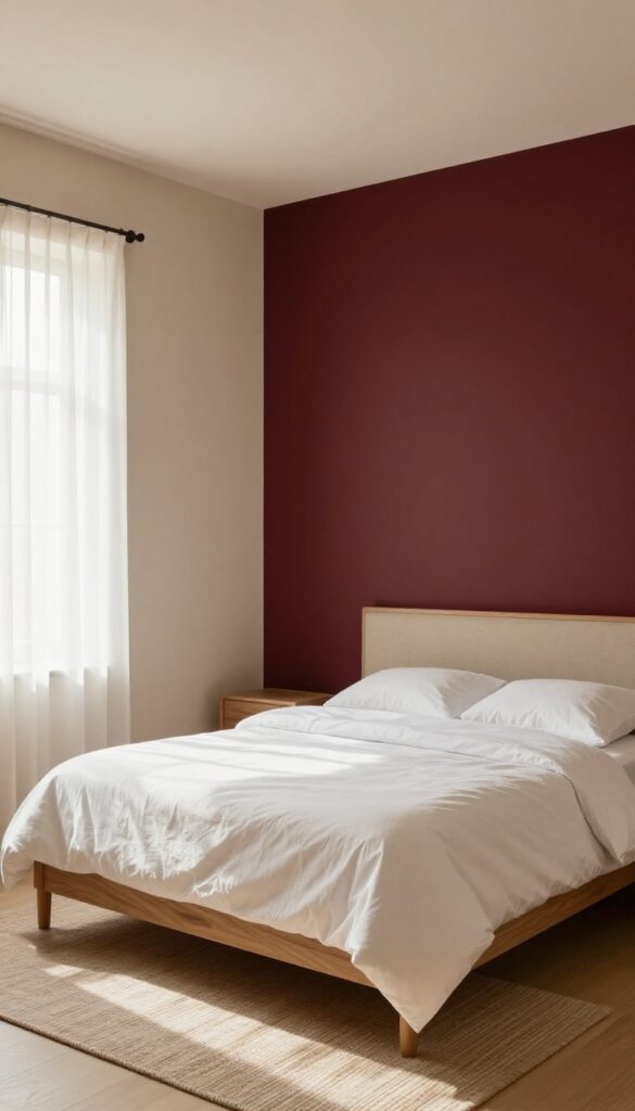 Photorealistic bedroom with a deep burgundy accent wall behind a simple headboard, neutral cream walls, light bedding, and natural wood furniture in bright daylight.