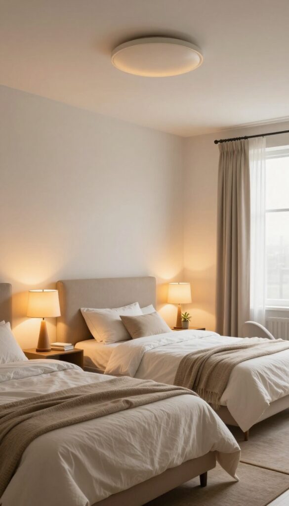 Cozy remodeled bedroom at dusk with layered lighting: a soft overhead light, two warm bedside lamps, a corner floor lamp, and subtle wall sconces behind an upholstered headboard.