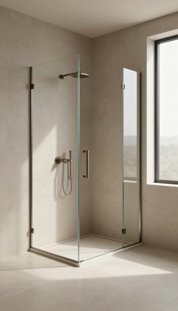Bright modern bathroom with a frameless glass walk-in shower, neutral tile, and a linear drain in natural daylight