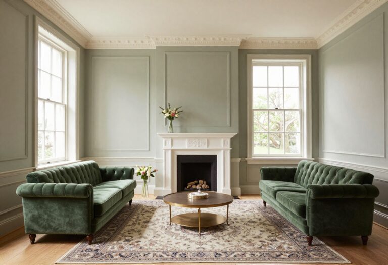 Bright Victorian living room with classic molding, paneled walls, carved mantel, and tufted emerald sofa in natural light