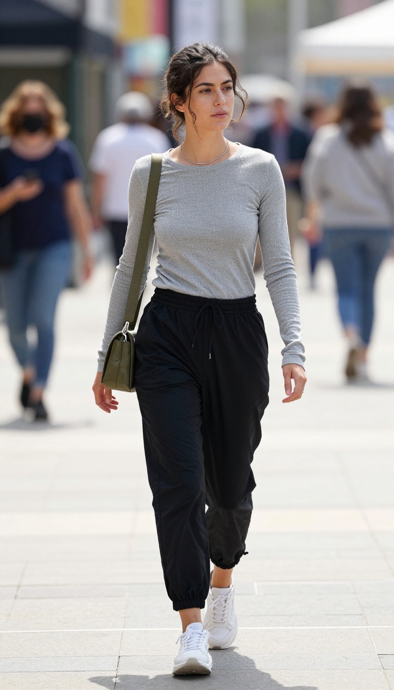 9. Parachute Pants + Fitted Long-Sleeve + Crossbody Bag