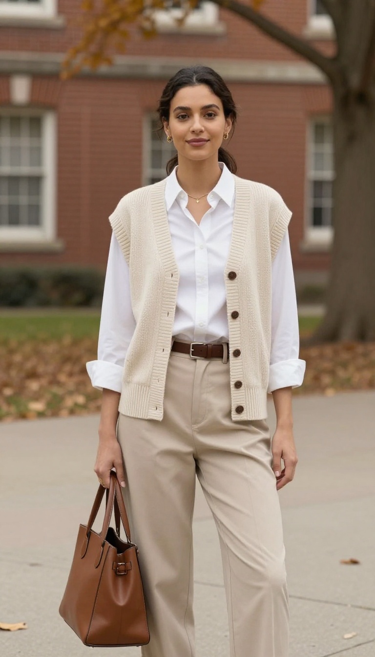 11. Knit Vest, White Shirt, and Trousers