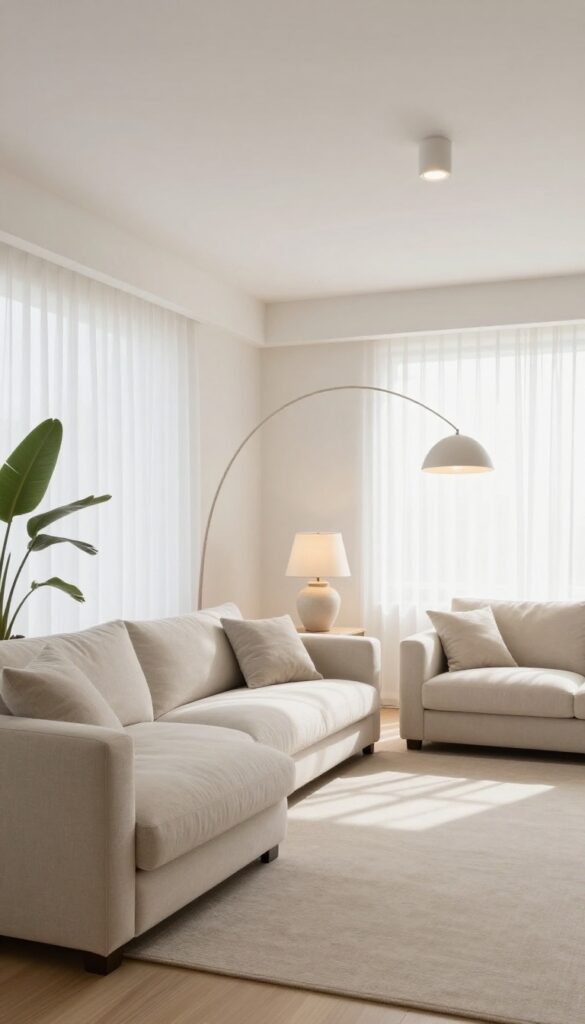 Bright airy living room with layered lighting from an arc floor lamp, a table lamp with a pale shade, and a soft ceiling fixture at different heights