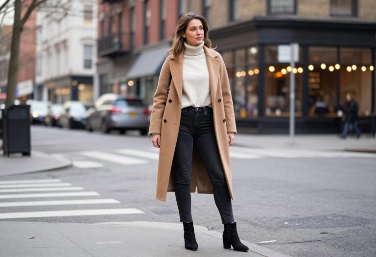 Woman in dark jeans, turtleneck, and ankle boots standing outside a restaurant on a chilly evening, wearing a camel coat.