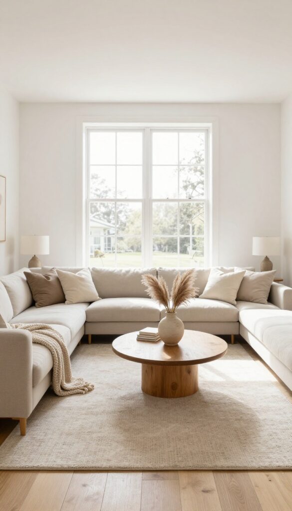 Bright open living room with a large neutral U-shaped sectional sofa centered on a textured rug around a round wooden coffee table, creating a cozy conversation pit in a wide, airy space.