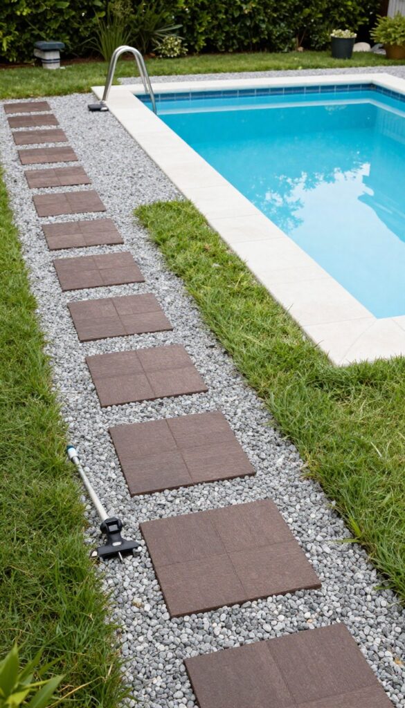 Above ground pool with a budget-friendly gravel perimeter walkway topped with dark brown snap-on deck tiles in a tidy backyard