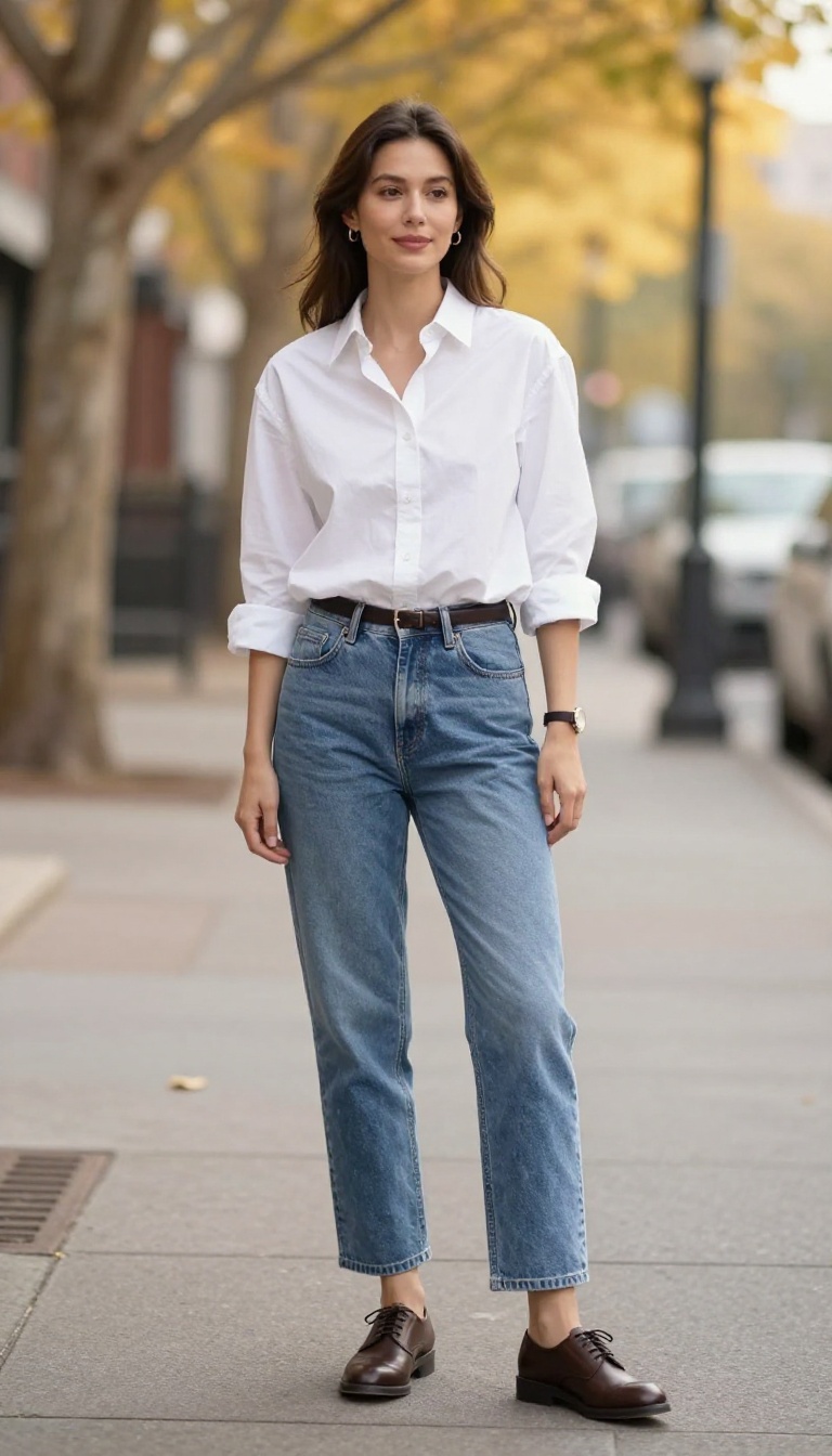 9. Boyfriend Jeans with a Tailored Shirt and Oxfords
