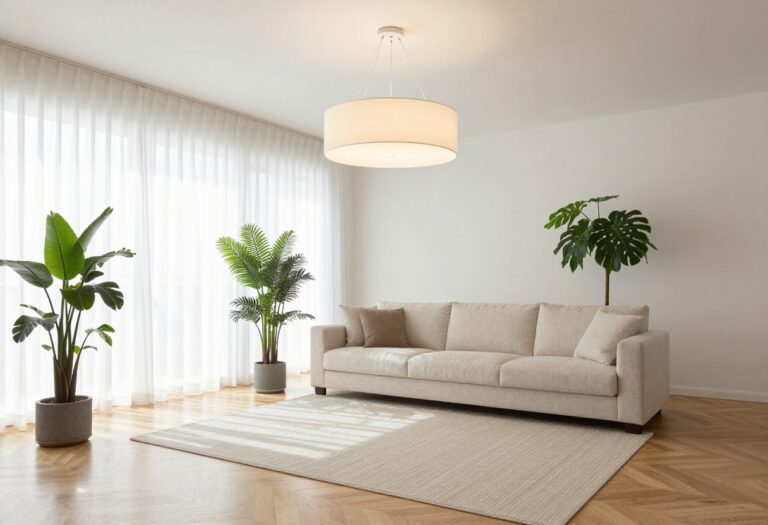 Bright living room with an oversized drum shade chandelier centered above a neutral sofa in natural daylight