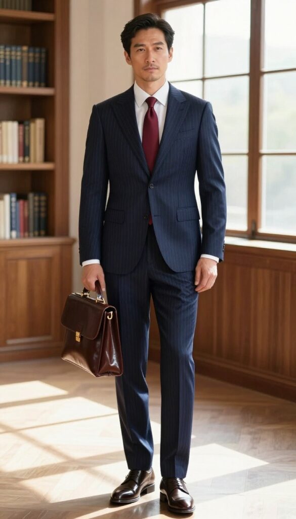 Man in navy pinstripe suit with burgundy tie and leather briefcase in a bright office