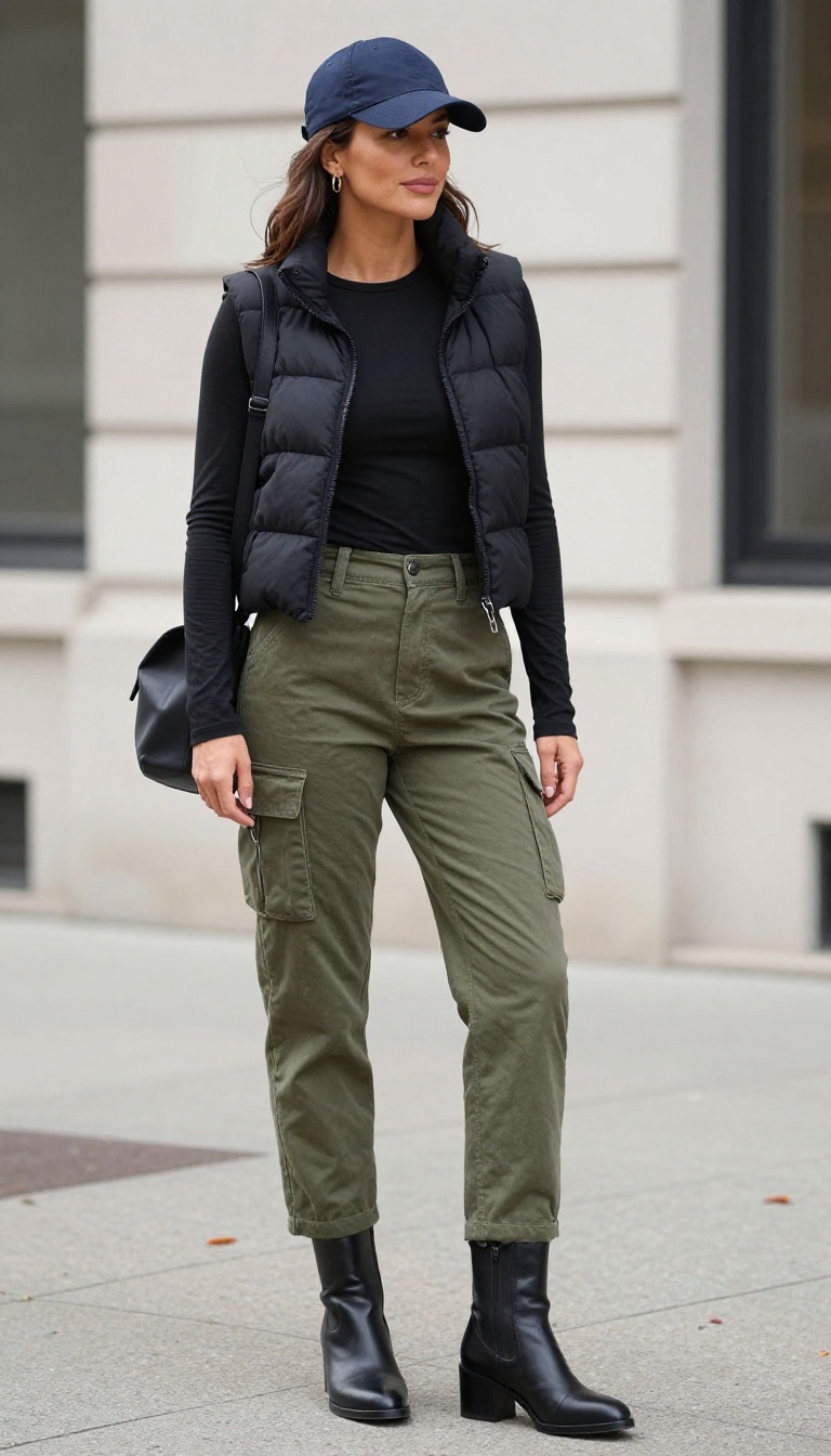 15. Utility Skirt with Heeled Booties and a Puffer Vest