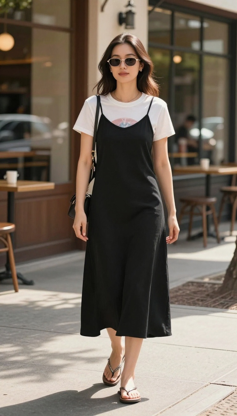 5. Slip Dress + Graphic Tee + Flip-Flops