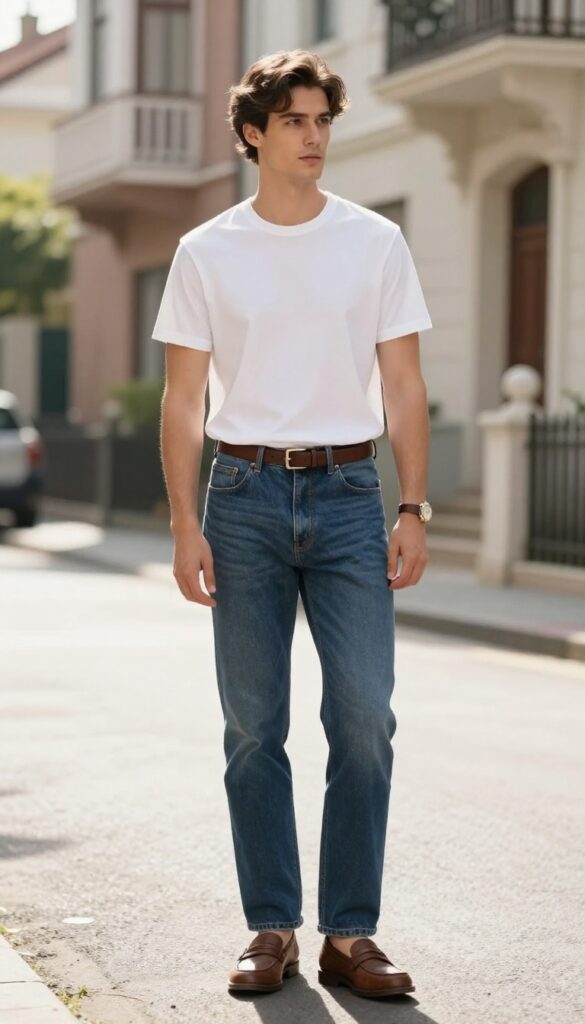 Person wearing classic blue jeans and white tee with loafers, embodying old money casual style.